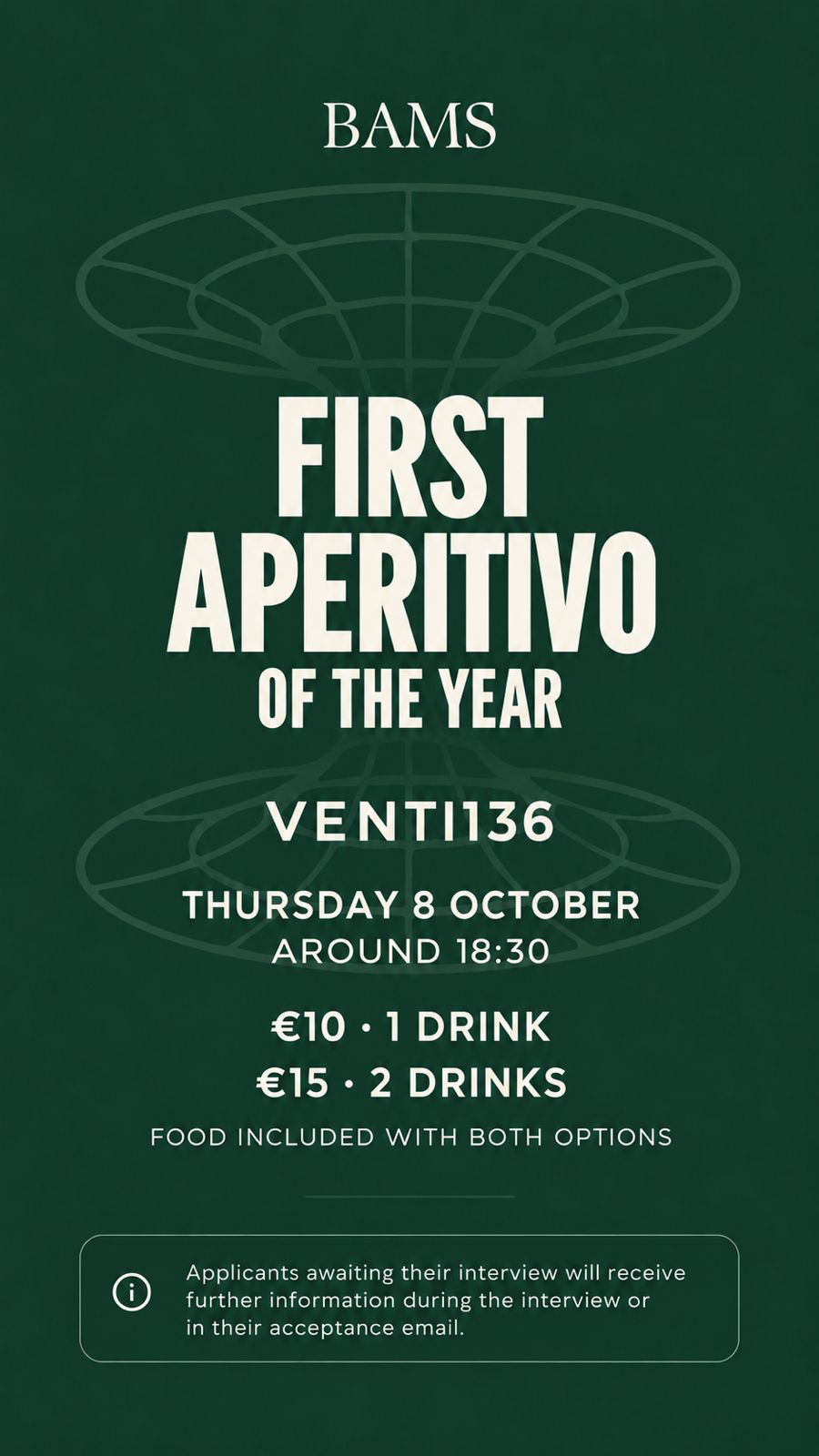 Poster for the first BAMS aperitivo of the year at Venti136, Thursday 8 October, from around 18:30